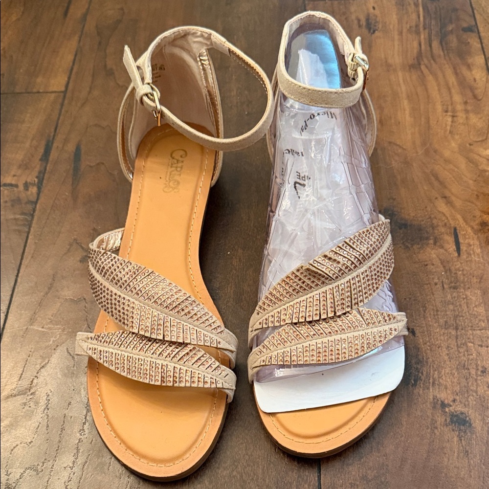 Carlos Santana Beige/Tan Braided Strap Ankle-Wrap Sandals
